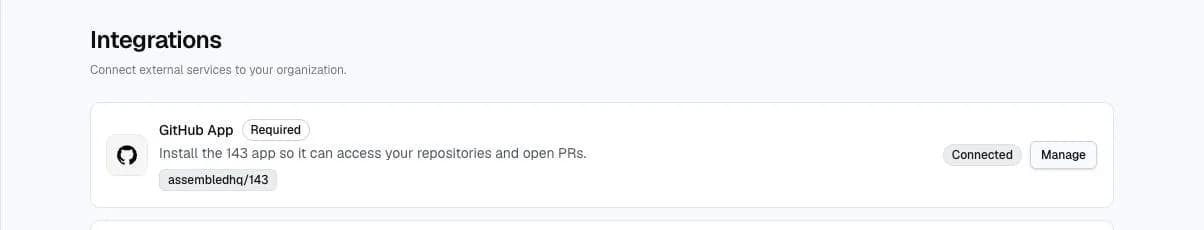 143 integrations settings showing the GitHub App connected