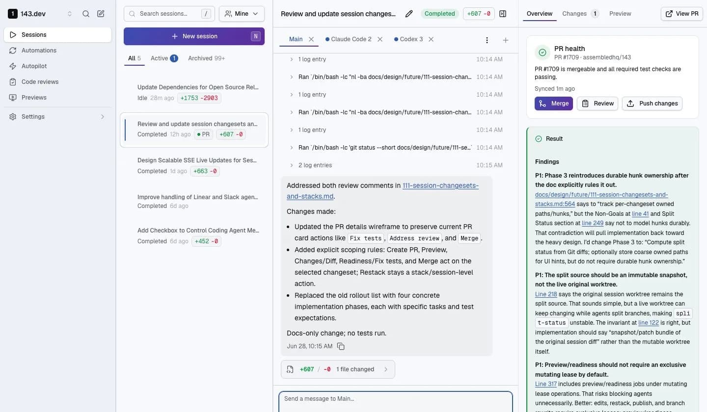 143 session showing a completed coding-agent run, PR health, changed files, and review result