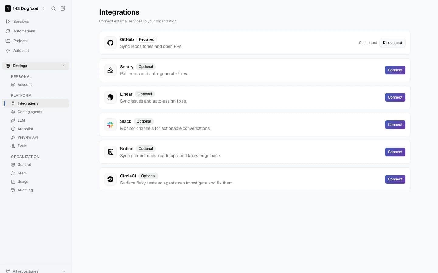 143 integrations settings showing GitHub connected and optional team tools available