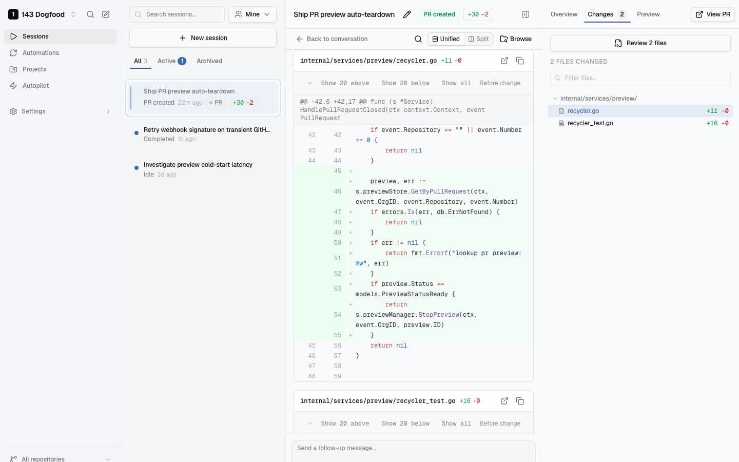 143 review workflow showing changed files, a code diff, and review controls