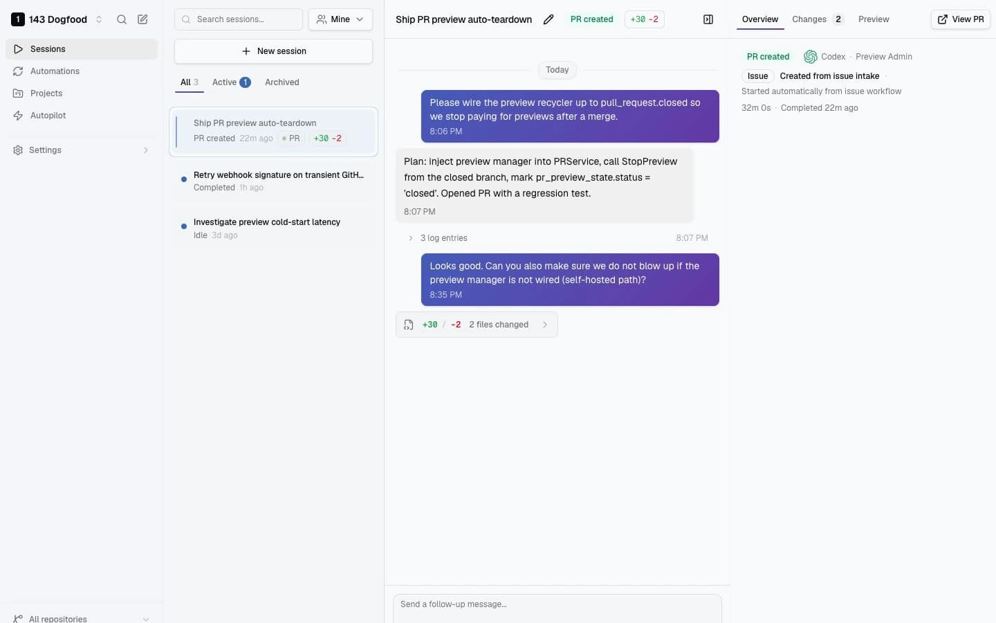 143 session detail showing an agent conversation, PR status, and team-visible context