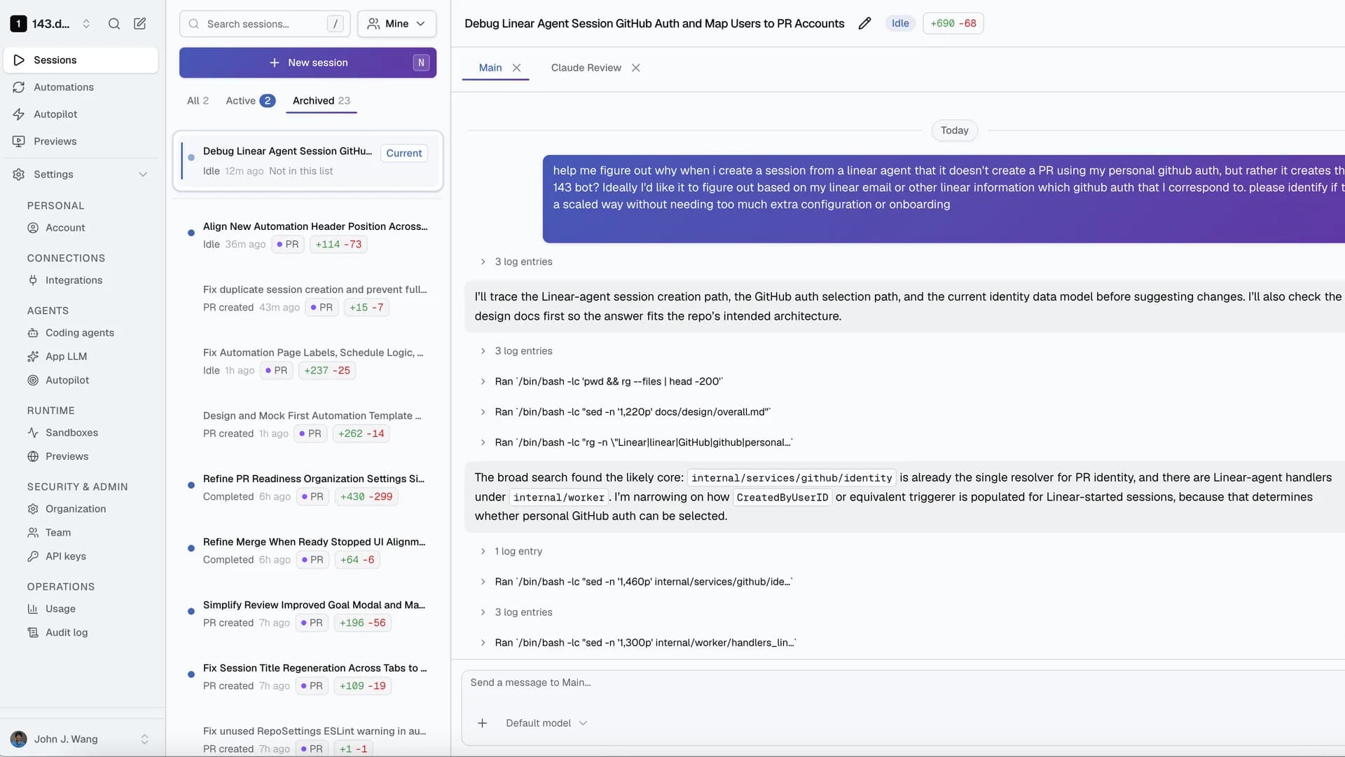 143 Sessions workspace showing every team run with status, PR badges, and diffs alongside an open session